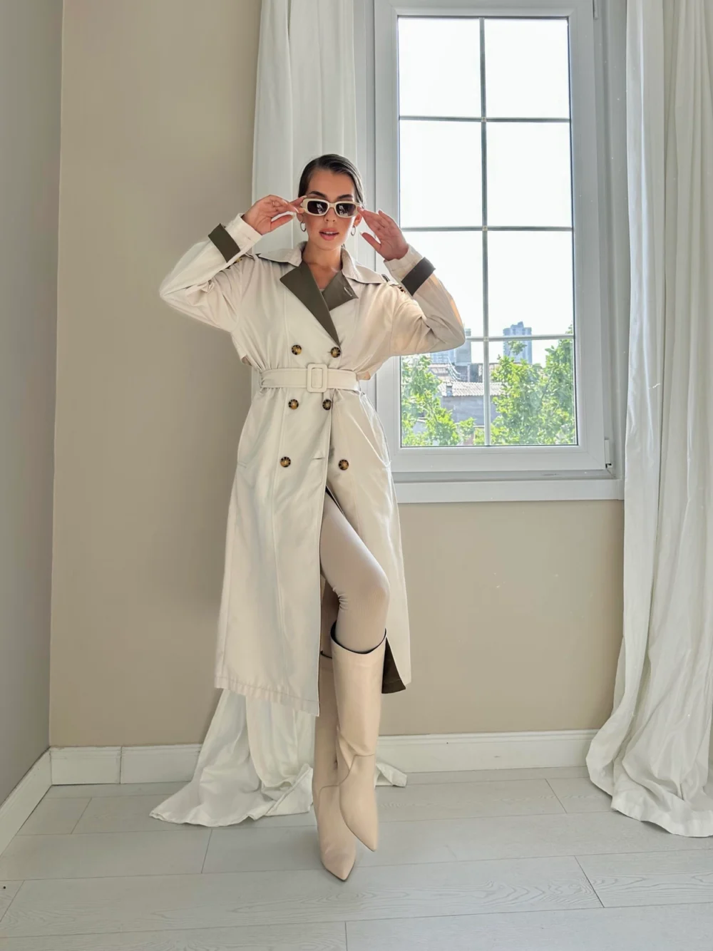 Striped And Belted Trench Coat - Women Fashion Turkey