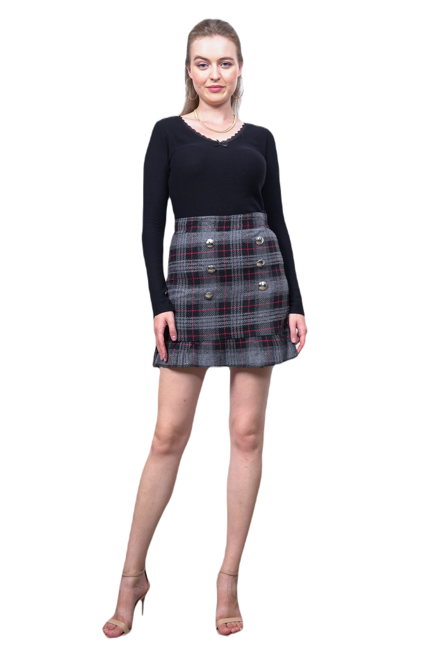 6 Button End Pleated Mini Skirt - Women Fashion Turkey
