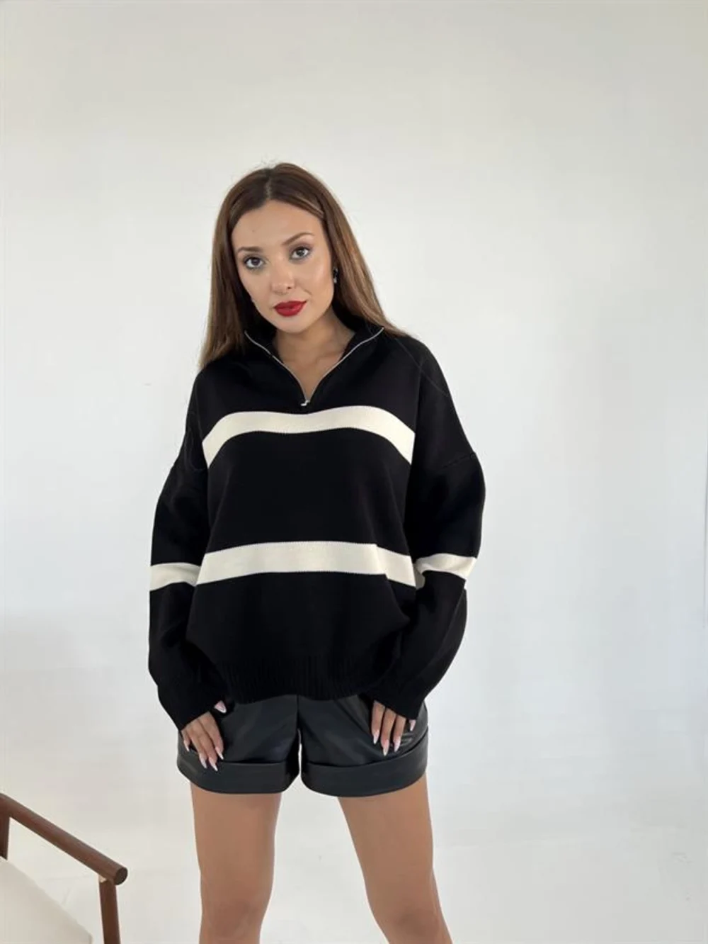 Knitwear Zipper Striped Sweater - Women Fashion Turkey