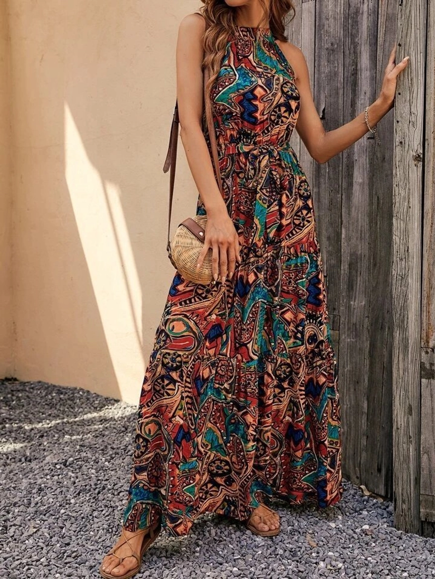 Sleeveless Halter Neck Elastic Waist Authentic Patterned Micro Fabric Dress - Women Fashion Turkey