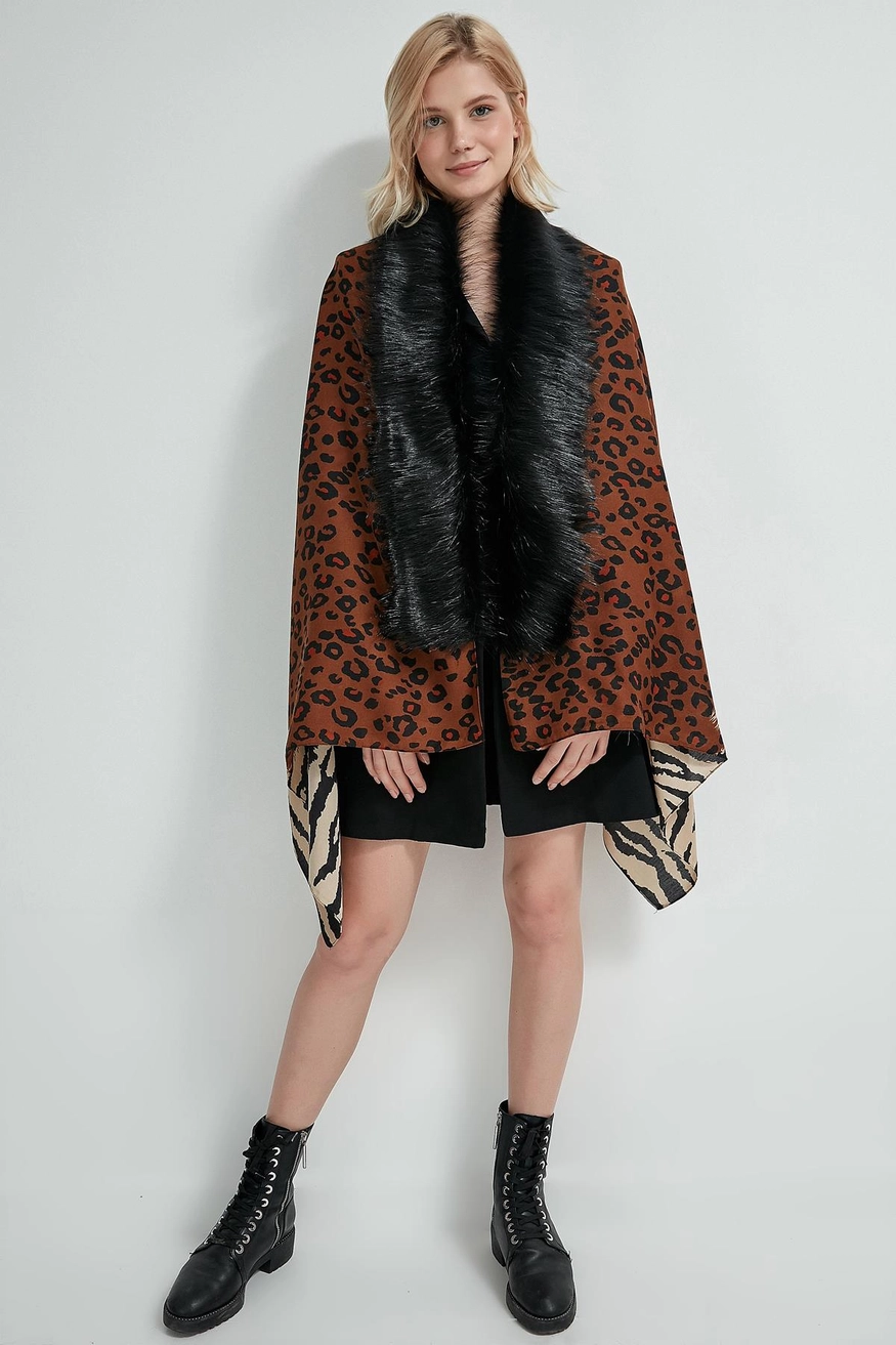 Leopard Zebra Patterned Poncho - Women Fashion Turkey