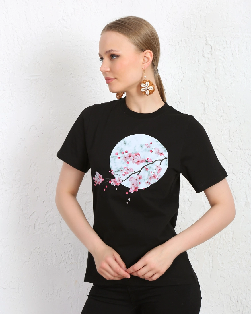 Sakura Cherry Blossom Printed T-Shirt - Women Fashion Turkey
