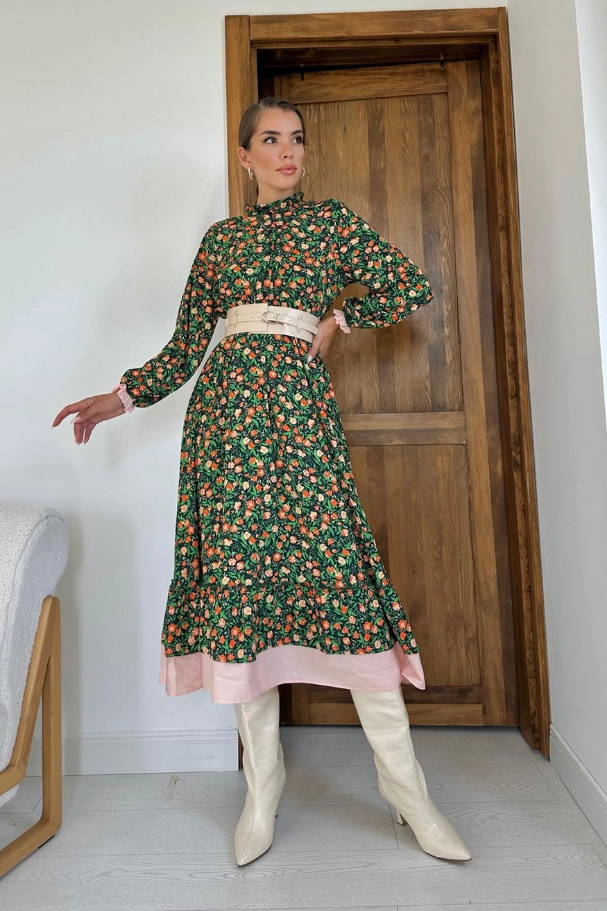 Floral Belt Dress - Women Fashion Turkey