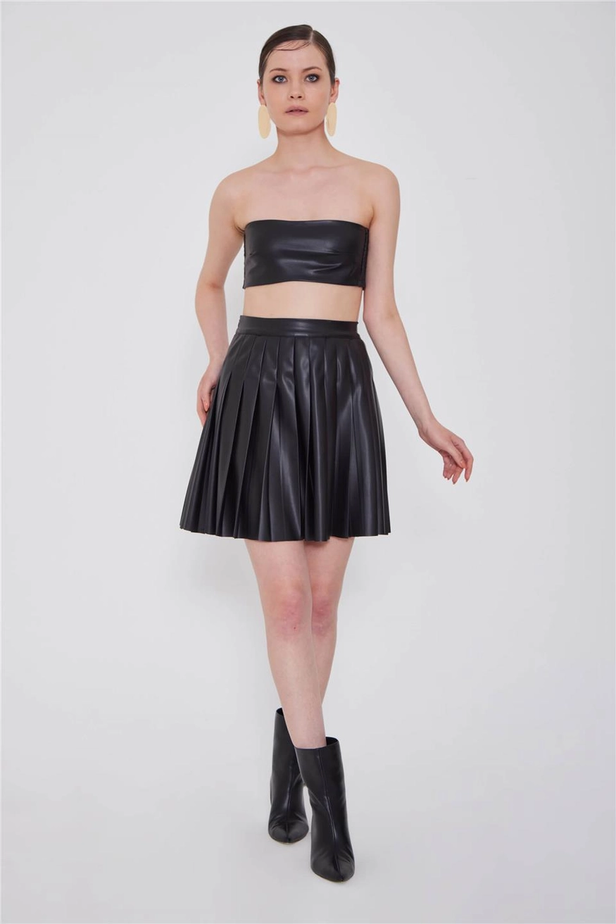 Leather Mini Pleat Skirt - Women Fashion Turkey